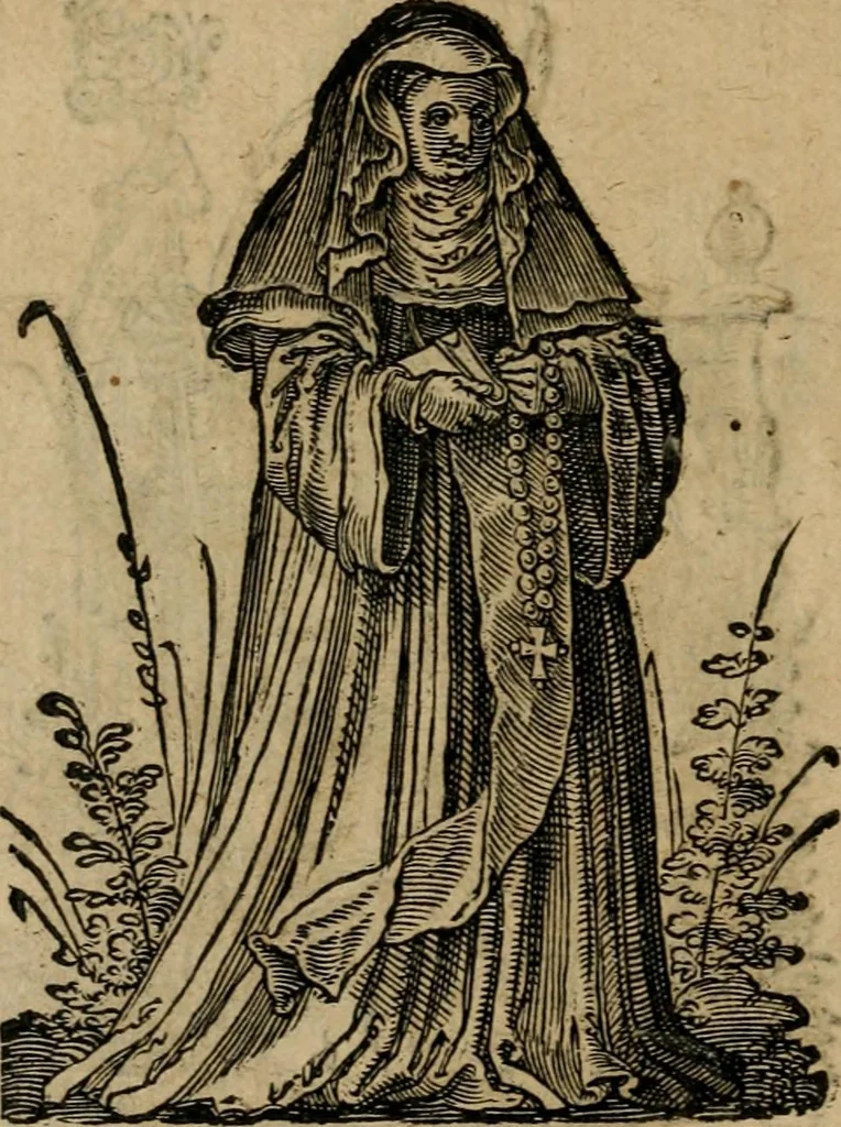 An illustration from Cleri totius Romanae ecclesiae subiecti, seu, Pontificiorvm ordinvm omnivm omnino vtrivsqve sexvs, habitvs, artificiosissimis figuris, quibus Francisci Modii singula octosticha adiecta sunt, nunc primùm à Ivdoco Ammanno expressi: neqve vnquam antehac similiter editi. Addito libello singvlari eivsdem Francisci Modij Brug. in quo cuiusque ordinis ecclesiastici origo, progressus & vestitus ratio breuiter ex variis historicis delineatur, 1585, leaf 17