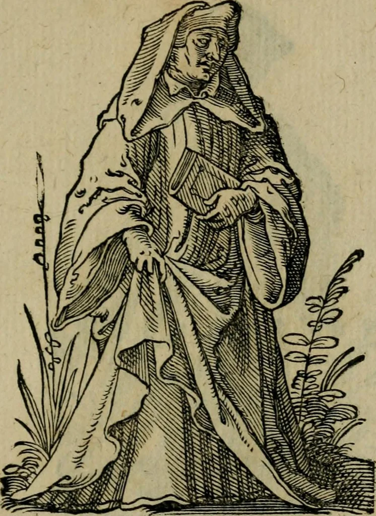 An illustration from Cleri totius Romanae ecclesiae subiecti, seu, Pontificiorvm ordinvm omnivm omnino vtrivsqve sexvs, habitvs, artificiosissimis figuris, quibus Francisci Modii singula octosticha adiecta sunt, nunc primùm à Ivdoco Ammanno expressi: neqve vnquam antehac similiter editi. Addito libello singvlari eivsdem Francisci Modij Brug. in quo cuiusque ordinis ecclesiastici origo, progressus & vestitus ratio breuiter ex variis historicis delineatur, 1585, leaf 172