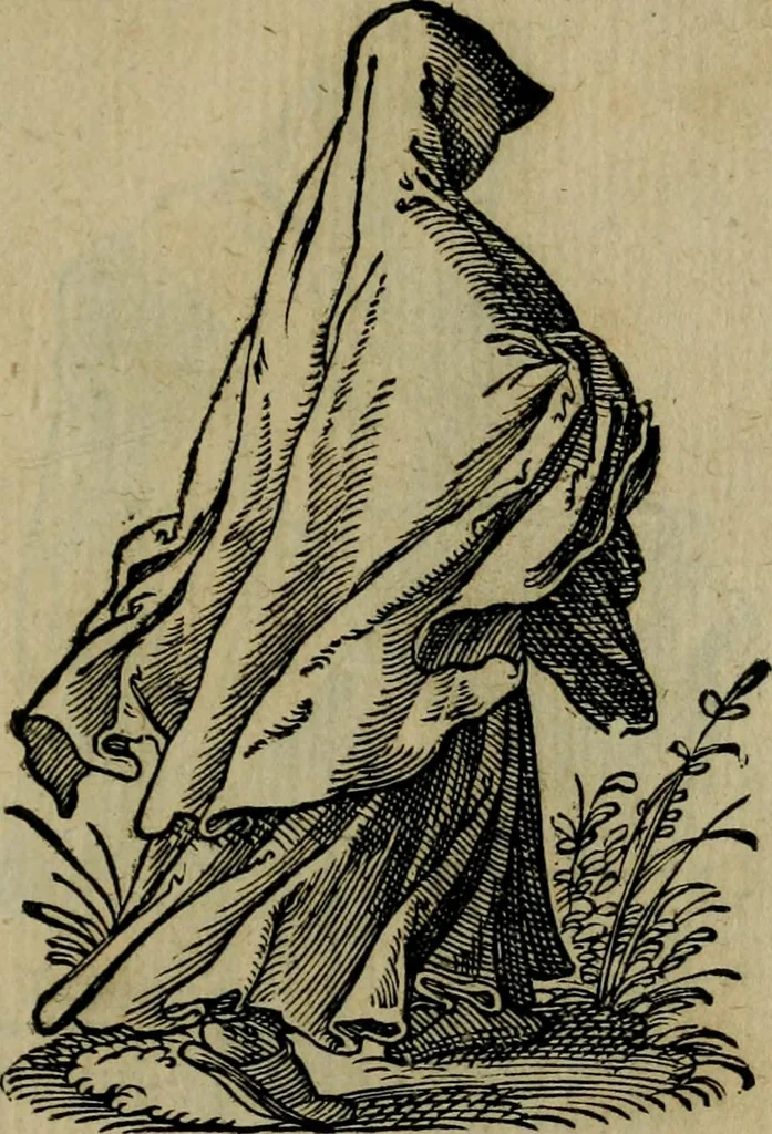 An illustration from Cleri totius Romanae ecclesiae subiecti, seu, Pontificiorvm ordinvm omnivm omnino vtrivsqve sexvs, habitvs, artificiosissimis figuris, quibus Francisci Modii singula octosticha adiecta sunt, nunc primùm à Ivdoco Ammanno expressi: neqve vnquam antehac similiter editi. Addito libello singvlari eivsdem Francisci Modij Brug. in quo cuiusque ordinis ecclesiastici origo, progressus & vestitus ratio breuiter ex variis historicis delineatur, 1585, leaf 174