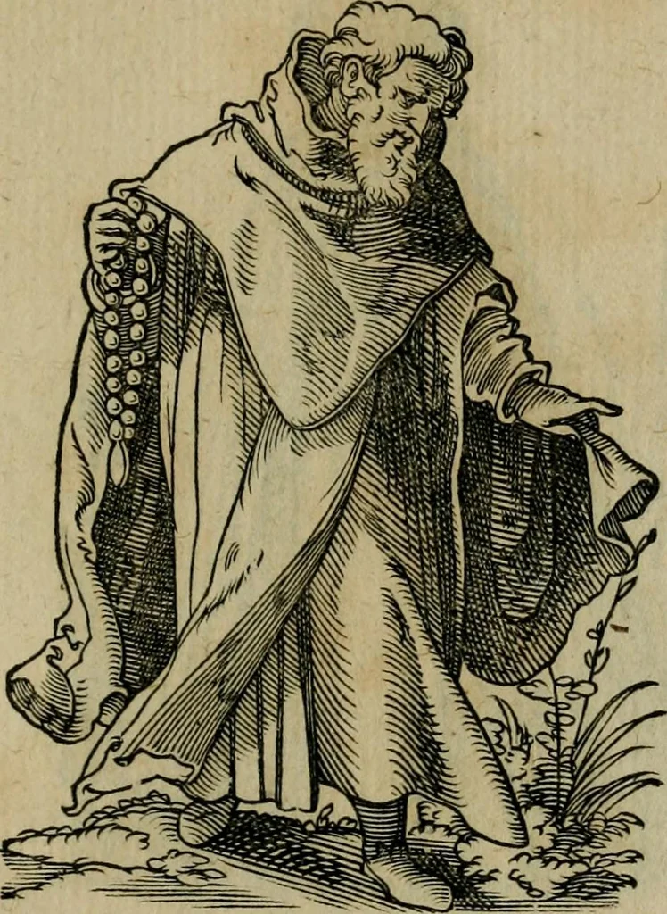 An illustration from Cleri totius Romanae ecclesiae subiecti, seu, Pontificiorvm ordinvm omnivm omnino vtrivsqve sexvs, habitvs, artificiosissimis figuris, quibus Francisci Modii singula octosticha adiecta sunt, nunc primùm à Ivdoco Ammanno expressi: neqve vnquam antehac similiter editi. Addito libello singvlari eivsdem Francisci Modij Brug. in quo cuiusque ordinis ecclesiastici origo, progressus & vestitus ratio breuiter ex variis historicis delineatur, 1585, leaf 176