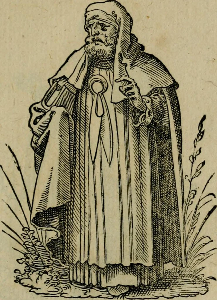 An illustration from Cleri totius Romanae ecclesiae subiecti, seu, Pontificiorvm ordinvm omnivm omnino vtrivsqve sexvs, habitvs, artificiosissimis figuris, quibus Francisci Modii singula octosticha adiecta sunt, nunc primùm à Ivdoco Ammanno expressi: neqve vnquam antehac similiter editi. Addito libello singvlari eivsdem Francisci Modij Brug. in quo cuiusque ordinis ecclesiastici origo, progressus & vestitus ratio breuiter ex variis historicis delineatur, 1585, leaf 180