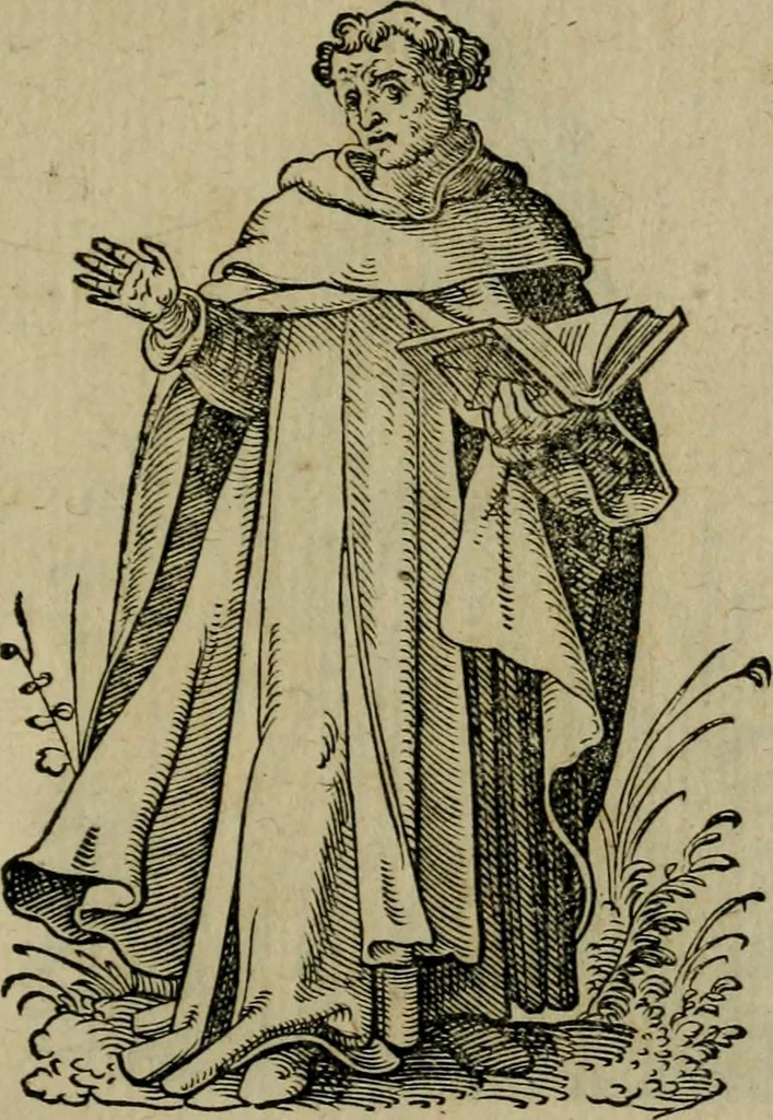 An illustration from Cleri totius Romanae ecclesiae subiecti, seu, Pontificiorvm ordinvm omnivm omnino vtrivsqve sexvs, habitvs, artificiosissimis figuris, quibus Francisci Modii singula octosticha adiecta sunt, nunc primùm à Ivdoco Ammanno expressi: neqve vnquam antehac similiter editi. Addito libello singvlari eivsdem Francisci Modij Brug. in quo cuiusque ordinis ecclesiastici origo, progressus & vestitus ratio breuiter ex variis historicis delineatur, 1585, leaf 182