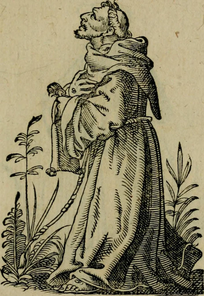 An illustration from Cleri totius Romanae ecclesiae subiecti, seu, Pontificiorvm ordinvm omnivm omnino vtrivsqve sexvs, habitvs, artificiosissimis figuris, quibus Francisci Modii singula octosticha adiecta sunt, nunc primùm à Ivdoco Ammanno expressi: neqve vnquam antehac similiter editi. Addito libello singvlari eivsdem Francisci Modij Brug. in quo cuiusque ordinis ecclesiastici origo, progressus & vestitus ratio breuiter ex variis historicis delineatur, 1585, leaf 184