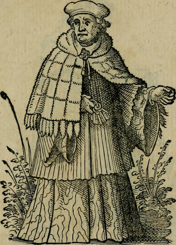 An illustration from Cleri totius Romanae ecclesiae subiecti, seu, Pontificiorvm ordinvm omnivm omnino vtrivsqve sexvs, habitvs, artificiosissimis figuris, quibus Francisci Modii singula octosticha adiecta sunt, nunc primùm à Ivdoco Ammanno expressi: neqve vnquam antehac similiter editi. Addito libello singvlari eivsdem Francisci Modij Brug. in quo cuiusque ordinis ecclesiastici origo, progressus & vestitus ratio breuiter ex variis historicis delineatur, 1585, leaf 188