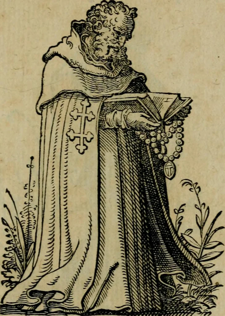 An illustration from Cleri totius Romanae ecclesiae subiecti, seu, Pontificiorvm ordinvm omnivm omnino vtrivsqve sexvs, habitvs, artificiosissimis figuris, quibus Francisci Modii singula octosticha adiecta sunt, nunc primùm à Ivdoco Ammanno expressi: neqve vnquam antehac similiter editi. Addito libello singvlari eivsdem Francisci Modij Brug. in quo cuiusque ordinis ecclesiastici origo, progressus & vestitus ratio breuiter ex variis historicis delineatur, 1585, leaf 190