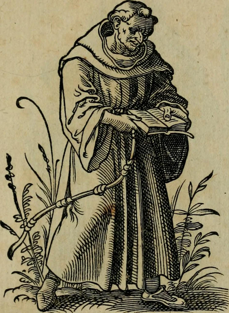 An illustration from Cleri totius Romanae ecclesiae subiecti, seu, Pontificiorvm ordinvm omnivm omnino vtrivsqve sexvs, habitvs, artificiosissimis figuris, quibus Francisci Modii singula octosticha adiecta sunt, nunc primùm à Ivdoco Ammanno expressi: neqve vnquam antehac similiter editi. Addito libello singvlari eivsdem Francisci Modij Brug. in quo cuiusque ordinis ecclesiastici origo, progressus & vestitus ratio breuiter ex variis historicis delineatur, 1585, leaf 192