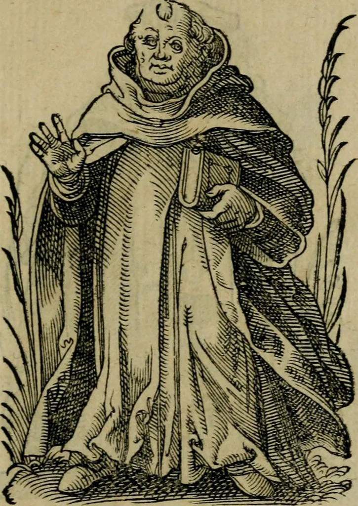 An illustration from Cleri totius Romanae ecclesiae subiecti, seu, Pontificiorvm ordinvm omnivm omnino vtrivsqve sexvs, habitvs, artificiosissimis figuris, quibus Francisci Modii singula octosticha adiecta sunt, nunc primùm à Ivdoco Ammanno expressi: neqve vnquam antehac similiter editi. Addito libello singvlari eivsdem Francisci Modij Brug. in quo cuiusque ordinis ecclesiastici origo, progressus & vestitus ratio breuiter ex variis historicis delineatur, 1585, leaf 194