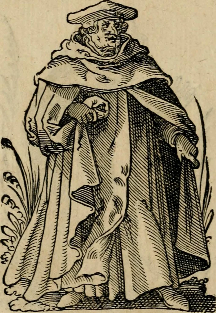 An illustration from Cleri totius Romanae ecclesiae subiecti, seu, Pontificiorvm ordinvm omnivm omnino vtrivsqve sexvs, habitvs, artificiosissimis figuris, quibus Francisci Modii singula octosticha adiecta sunt, nunc primùm à Ivdoco Ammanno expressi: neqve vnquam antehac similiter editi. Addito libello singvlari eivsdem Francisci Modij Brug. in quo cuiusque ordinis ecclesiastici origo, progressus & vestitus ratio breuiter ex variis historicis delineatur, 1585, leaf 195
