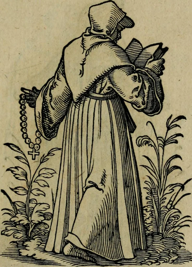 An illustration from Cleri totius Romanae ecclesiae subiecti, seu, Pontificiorvm ordinvm omnivm omnino vtrivsqve sexvs, habitvs, artificiosissimis figuris, quibus Francisci Modii singula octosticha adiecta sunt, nunc primùm à Ivdoco Ammanno expressi: neqve vnquam antehac similiter editi. Addito libello singvlari eivsdem Francisci Modij Brug. in quo cuiusque ordinis ecclesiastici origo, progressus & vestitus ratio breuiter ex variis historicis delineatur, 1585, leaf 196