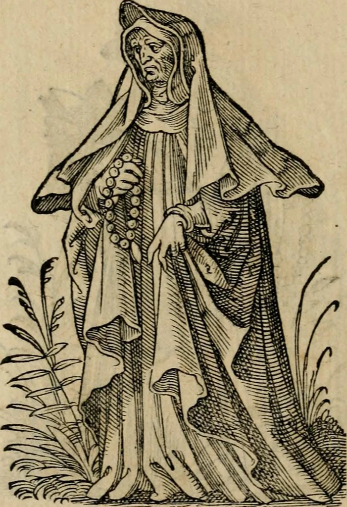An illustration from Cleri totius Romanae ecclesiae subiecti, seu, Pontificiorvm ordinvm omnivm omnino vtrivsqve sexvs, habitvs, artificiosissimis figuris, quibus Francisci Modii singula octosticha adiecta sunt, nunc primùm à Ivdoco Ammanno expressi: neqve vnquam antehac similiter editi. Addito libello singvlari eivsdem Francisci Modij Brug. in quo cuiusque ordinis ecclesiastici origo, progressus & vestitus ratio breuiter ex variis historicis delineatur, 1585, leaf 197
