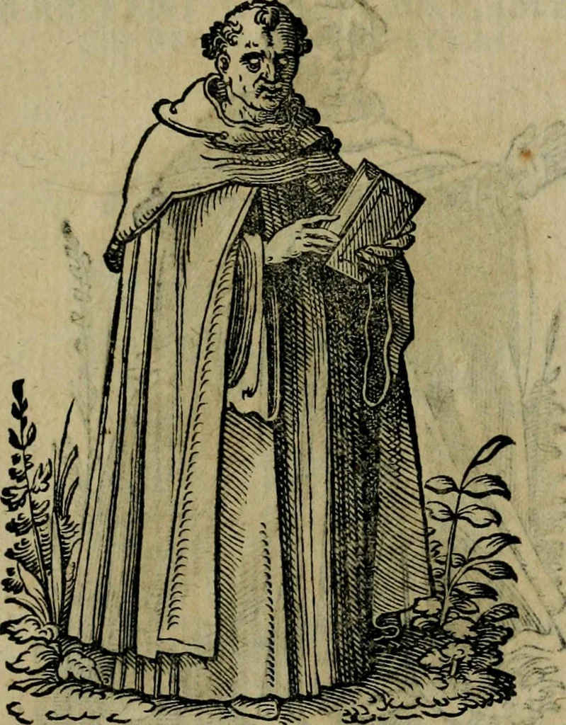 An illustration from Cleri totius Romanae ecclesiae subiecti, seu, Pontificiorvm ordinvm omnivm omnino vtrivsqve sexvs, habitvs, artificiosissimis figuris, quibus Francisci Modii singula octosticha adiecta sunt, nunc primùm à Ivdoco Ammanno expressi: neqve vnquam antehac similiter editi. Addito libello singvlari eivsdem Francisci Modij Brug. in quo cuiusque ordinis ecclesiastici origo, progressus & vestitus ratio breuiter ex variis historicis delineatur, 1585, leaf 198