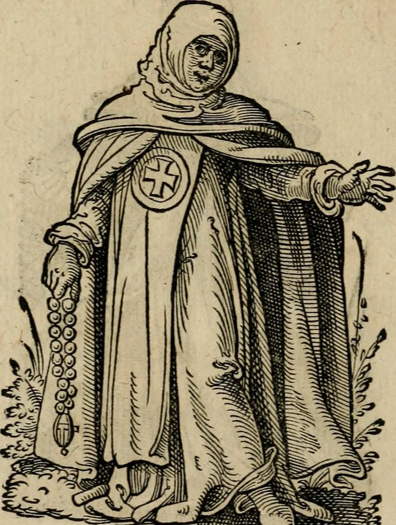 An illustration from Cleri totius Romanae ecclesiae subiecti, seu, Pontificiorvm ordinvm omnivm omnino vtrivsqve sexvs, habitvs, artificiosissimis figuris, quibus Francisci Modii singula octosticha adiecta sunt, nunc primùm à Ivdoco Ammanno expressi: neqve vnquam antehac similiter editi. Addito libello singvlari eivsdem Francisci Modij Brug. in quo cuiusque ordinis ecclesiastici origo, progressus & vestitus ratio breuiter ex variis historicis delineatur, 1585, leaf 21