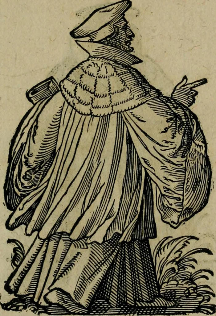 An illustration from Cleri totius Romanae ecclesiae subiecti, seu, Pontificiorvm ordinvm omnivm omnino vtrivsqve sexvs, habitvs, artificiosissimis figuris, quibus Francisci Modii singula octosticha adiecta sunt, nunc primùm à Ivdoco Ammanno expressi: neqve vnquam antehac similiter editi. Addito libello singvlari eivsdem Francisci Modij Brug. in quo cuiusque ordinis ecclesiastici origo, progressus & vestitus ratio breuiter ex variis historicis delineatur, 1585, leaf 22