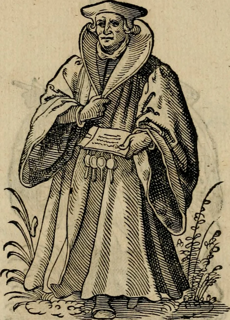 An illustration from Cleri totius Romanae ecclesiae subiecti, seu, Pontificiorvm ordinvm omnivm omnino vtrivsqve sexvs, habitvs, artificiosissimis figuris, quibus Francisci Modii singula octosticha adiecta sunt, nunc primùm à Ivdoco Ammanno expressi: neqve vnquam antehac similiter editi. Addito libello singvlari eivsdem Francisci Modij Brug. in quo cuiusque ordinis ecclesiastici origo, progressus & vestitus ratio breuiter ex variis historicis delineatur, 1585, leaf 23