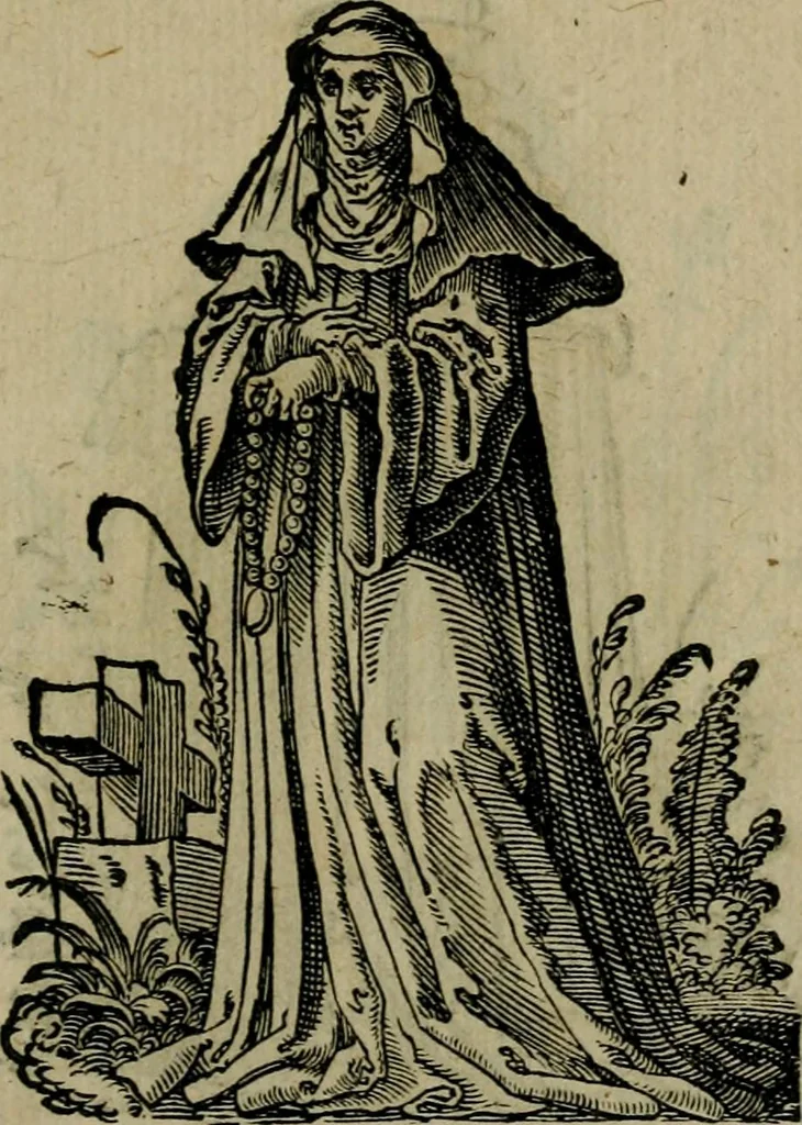 An illustration from Cleri totius Romanae ecclesiae subiecti, seu, Pontificiorvm ordinvm omnivm omnino vtrivsqve sexvs, habitvs, artificiosissimis figuris, quibus Francisci Modii singula octosticha adiecta sunt, nunc primùm à Ivdoco Ammanno expressi: neqve vnquam antehac similiter editi. Addito libello singvlari eivsdem Francisci Modij Brug. in quo cuiusque ordinis ecclesiastici origo, progressus & vestitus ratio breuiter ex variis historicis delineatur, 1585, leaf 24