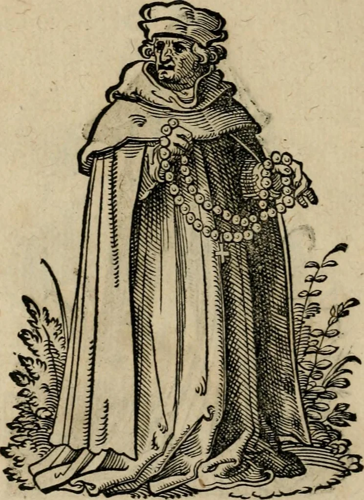 An illustration from Cleri totius Romanae ecclesiae subiecti, seu, Pontificiorvm ordinvm omnivm omnino vtrivsqve sexvs, habitvs, artificiosissimis figuris, quibus Francisci Modii singula octosticha adiecta sunt, nunc primùm à Ivdoco Ammanno expressi: neqve vnquam antehac similiter editi. Addito libello singvlari eivsdem Francisci Modij Brug. in quo cuiusque ordinis ecclesiastici origo, progressus & vestitus ratio breuiter ex variis historicis delineatur, 1585, leaf 25