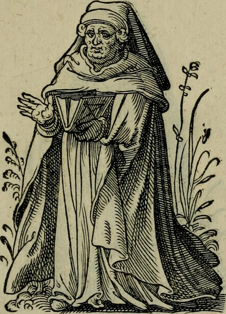 An illustration from Cleri totius Romanae ecclesiae subiecti, seu, Pontificiorvm ordinvm omnivm omnino vtrivsqve sexvs, habitvs, artificiosissimis figuris, quibus Francisci Modii singula octosticha adiecta sunt, nunc primùm à Ivdoco Ammanno expressi: neqve vnquam antehac similiter editi. Addito libello singvlari eivsdem Francisci Modij Brug. in quo cuiusque ordinis ecclesiastici origo, progressus & vestitus ratio breuiter ex variis historicis delineatur, 1585, leaf 26
