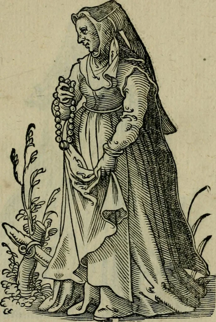 An illustration from Cleri totius Romanae ecclesiae subiecti, seu, Pontificiorvm ordinvm omnivm omnino vtrivsqve sexvs, habitvs, artificiosissimis figuris, quibus Francisci Modii singula octosticha adiecta sunt, nunc primùm à Ivdoco Ammanno expressi: neqve vnquam antehac similiter editi. Addito libello singvlari eivsdem Francisci Modij Brug. in quo cuiusque ordinis ecclesiastici origo, progressus & vestitus ratio breuiter ex variis historicis delineatur, 1585, leaf 28