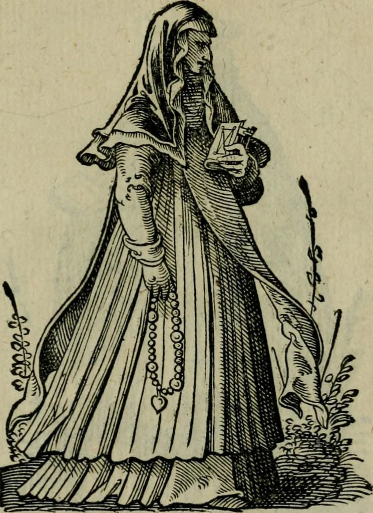An illustration from Cleri totius Romanae ecclesiae subiecti, seu, Pontificiorvm ordinvm omnivm omnino vtrivsqve sexvs, habitvs, artificiosissimis figuris, quibus Francisci Modii singula octosticha adiecta sunt, nunc primùm à Ivdoco Ammanno expressi: neqve vnquam antehac similiter editi. Addito libello singvlari eivsdem Francisci Modij Brug. in quo cuiusque ordinis ecclesiastici origo, progressus & vestitus ratio breuiter ex variis historicis delineatur, 1585, leaf 30