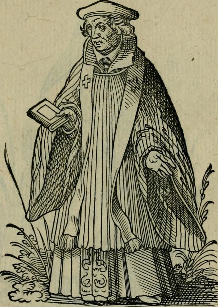 An illustration from Cleri totius Romanae ecclesiae subiecti, seu, Pontificiorvm ordinvm omnivm omnino vtrivsqve sexvs, habitvs, artificiosissimis figuris, quibus Francisci Modii singula octosticha adiecta sunt, nunc primùm à Ivdoco Ammanno expressi: neqve vnquam antehac similiter editi. Addito libello singvlari eivsdem Francisci Modij Brug. in quo cuiusque ordinis ecclesiastici origo, progressus & vestitus ratio breuiter ex variis historicis delineatur, 1585, leaf 32