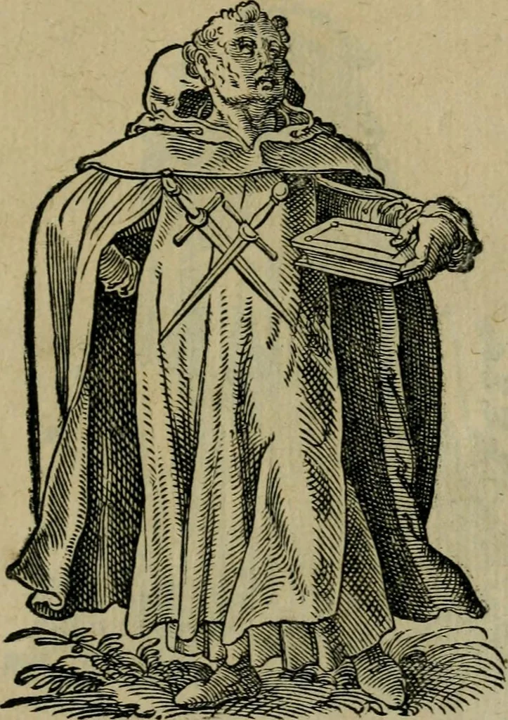 An illustration from Cleri totius Romanae ecclesiae subiecti, seu, Pontificiorvm ordinvm omnivm omnino vtrivsqve sexvs, habitvs, artificiosissimis figuris, quibus Francisci Modii singula octosticha adiecta sunt, nunc primùm à Ivdoco Ammanno expressi: neqve vnquam antehac similiter editi. Addito libello singvlari eivsdem Francisci Modij Brug. in quo cuiusque ordinis ecclesiastici origo, progressus & vestitus ratio breuiter ex variis historicis delineatur, 1585, leaf 36