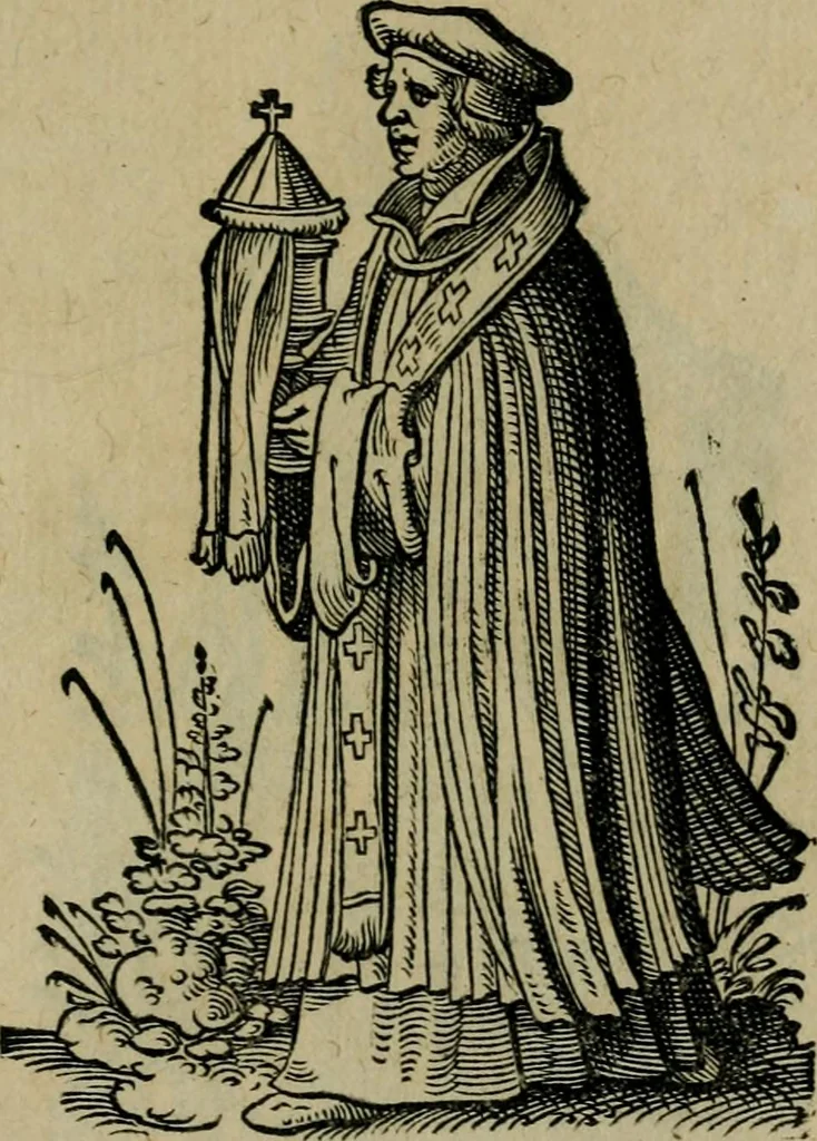 An illustration from Cleri totius Romanae ecclesiae subiecti, seu, Pontificiorvm ordinvm omnivm omnino vtrivsqve sexvs, habitvs, artificiosissimis figuris, quibus Francisci Modii singula octosticha adiecta sunt, nunc primùm à Ivdoco Ammanno expressi: neqve vnquam antehac similiter editi. Addito libello singvlari eivsdem Francisci Modij Brug. in quo cuiusque ordinis ecclesiastici origo, progressus & vestitus ratio breuiter ex variis historicis delineatur, 1585, leaf 38