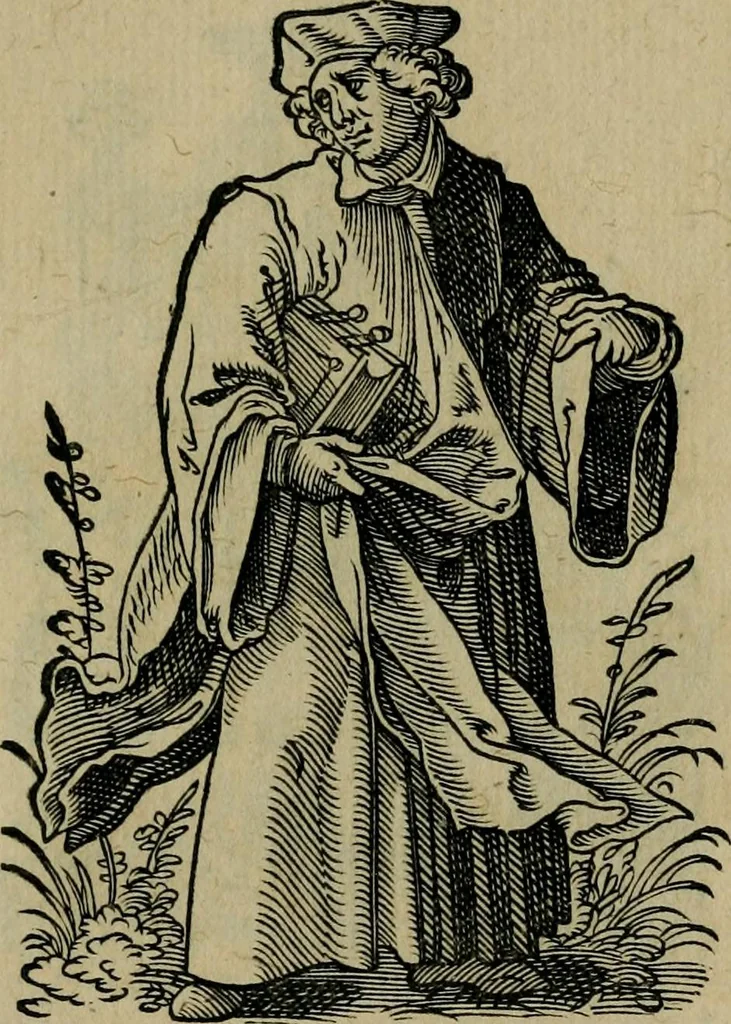 An illustration from Cleri totius Romanae ecclesiae subiecti, seu, Pontificiorvm ordinvm omnivm omnino vtrivsqve sexvs, habitvs, artificiosissimis figuris, quibus Francisci Modii singula octosticha adiecta sunt, nunc primùm à Ivdoco Ammanno expressi: neqve vnquam antehac similiter editi. Addito libello singvlari eivsdem Francisci Modij Brug. in quo cuiusque ordinis ecclesiastici origo, progressus & vestitus ratio breuiter ex variis historicis delineatur, 1585, leaf 40