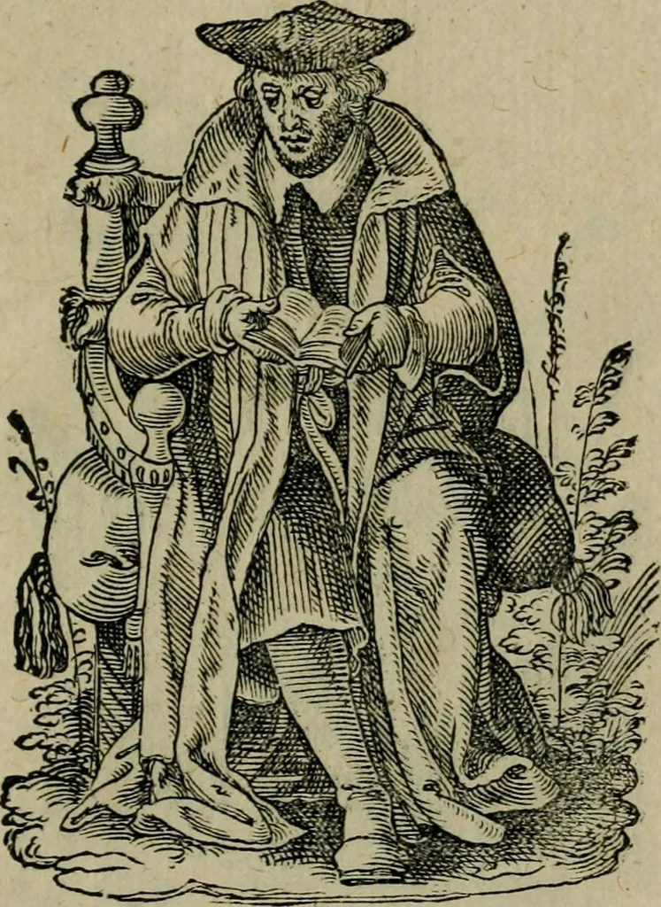 An illustration from Cleri totius Romanae ecclesiae subiecti, seu, Pontificiorvm ordinvm omnivm omnino vtrivsqve sexvs, habitvs, artificiosissimis figuris, quibus Francisci Modii singula octosticha adiecta sunt, nunc primùm à Ivdoco Ammanno expressi: neqve vnquam antehac similiter editi. Addito libello singvlari eivsdem Francisci Modij Brug. in quo cuiusque ordinis ecclesiastici origo, progressus & vestitus ratio breuiter ex variis historicis delineatur, 1585, leaf 42