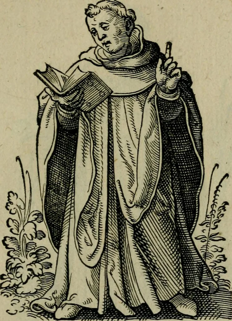 An illustration from Cleri totius Romanae ecclesiae subiecti, seu, Pontificiorvm ordinvm omnivm omnino vtrivsqve sexvs, habitvs, artificiosissimis figuris, quibus Francisci Modii singula octosticha adiecta sunt, nunc primùm à Ivdoco Ammanno expressi: neqve vnquam antehac similiter editi. Addito libello singvlari eivsdem Francisci Modij Brug. in quo cuiusque ordinis ecclesiastici origo, progressus & vestitus ratio breuiter ex variis historicis delineatur, 1585, leaf 46