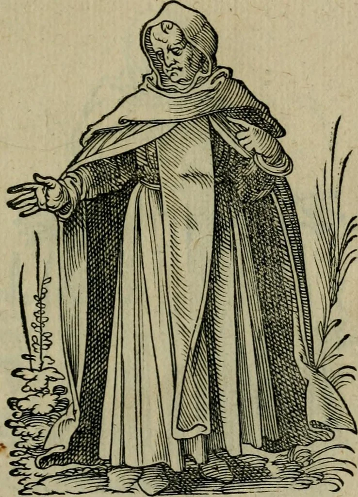 An illustration from Cleri totius Romanae ecclesiae subiecti, seu, Pontificiorvm ordinvm omnivm omnino vtrivsqve sexvs, habitvs, artificiosissimis figuris, quibus Francisci Modii singula octosticha adiecta sunt, nunc primùm à Ivdoco Ammanno expressi: neqve vnquam antehac similiter editi. Addito libello singvlari eivsdem Francisci Modij Brug. in quo cuiusque ordinis ecclesiastici origo, progressus & vestitus ratio breuiter ex variis historicis delineatur, 1585, leaf 48