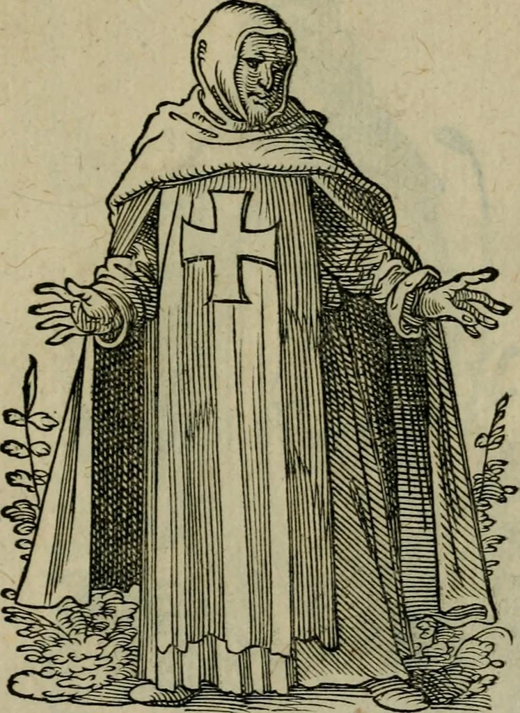 An illustration from Cleri totius Romanae ecclesiae subiecti, seu, Pontificiorvm ordinvm omnivm omnino vtrivsqve sexvs, habitvs, artificiosissimis figuris, quibus Francisci Modii singula octosticha adiecta sunt, nunc primùm à Ivdoco Ammanno expressi: neqve vnquam antehac similiter editi. Addito libello singvlari eivsdem Francisci Modij Brug. in quo cuiusque ordinis ecclesiastici origo, progressus & vestitus ratio breuiter ex variis historicis delineatur, 1585, leaf 50