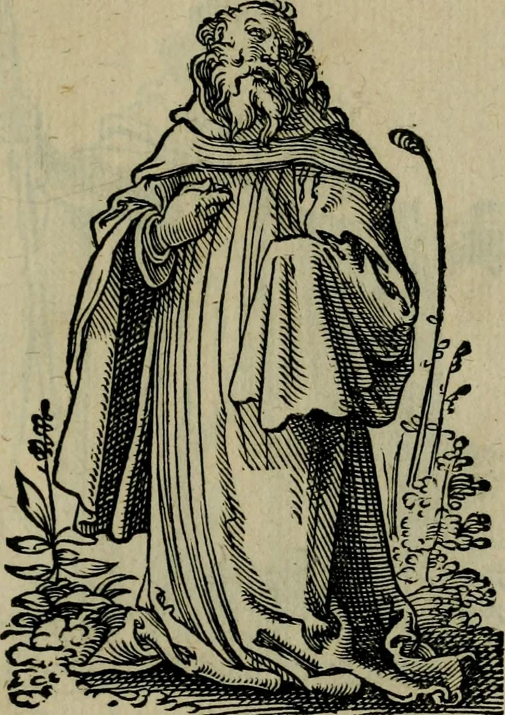 An illustration from Cleri totius Romanae ecclesiae subiecti, seu, Pontificiorvm ordinvm omnivm omnino vtrivsqve sexvs, habitvs, artificiosissimis figuris, quibus Francisci Modii singula octosticha adiecta sunt, nunc primùm à Ivdoco Ammanno expressi: neqve vnquam antehac similiter editi. Addito libello singvlari eivsdem Francisci Modij Brug. in quo cuiusque ordinis ecclesiastici origo, progressus & vestitus ratio breuiter ex variis historicis delineatur, 1585, leaf 52