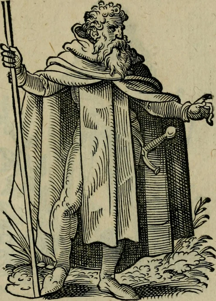 An illustration from Cleri totius Romanae ecclesiae subiecti, seu, Pontificiorvm ordinvm omnivm omnino vtrivsqve sexvs, habitvs, artificiosissimis figuris, quibus Francisci Modii singula octosticha adiecta sunt, nunc primùm à Ivdoco Ammanno expressi: neqve vnquam antehac similiter editi. Addito libello singvlari eivsdem Francisci Modij Brug. in quo cuiusque ordinis ecclesiastici origo, progressus & vestitus ratio breuiter ex variis historicis delineatur, 1585, leaf 54