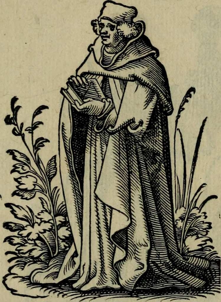 An illustration from Cleri totius Romanae ecclesiae subiecti, seu, Pontificiorvm ordinvm omnivm omnino vtrivsqve sexvs, habitvs, artificiosissimis figuris, quibus Francisci Modii singula octosticha adiecta sunt, nunc primùm à Ivdoco Ammanno expressi: neqve vnquam antehac similiter editi. Addito libello singvlari eivsdem Francisci Modij Brug. in quo cuiusque ordinis ecclesiastici origo, progressus & vestitus ratio breuiter ex variis historicis delineatur, 1585, leaf 56