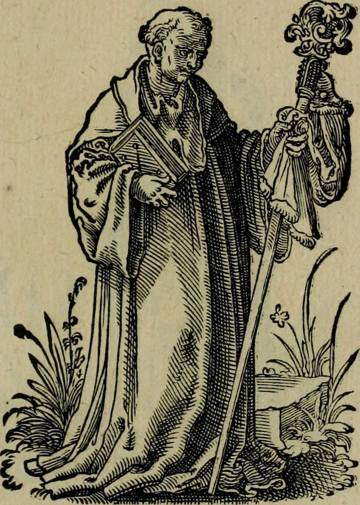 An illustration from Cleri totius Romanae ecclesiae subiecti, seu, Pontificiorvm ordinvm omnivm omnino vtrivsqve sexvs, habitvs, artificiosissimis figuris, quibus Francisci Modii singula octosticha adiecta sunt, nunc primùm à Ivdoco Ammanno expressi: neqve vnquam antehac similiter editi. Addito libello singvlari eivsdem Francisci Modij Brug. in quo cuiusque ordinis ecclesiastici origo, progressus & vestitus ratio breuiter ex variis historicis delineatur, 1585, leaf 58