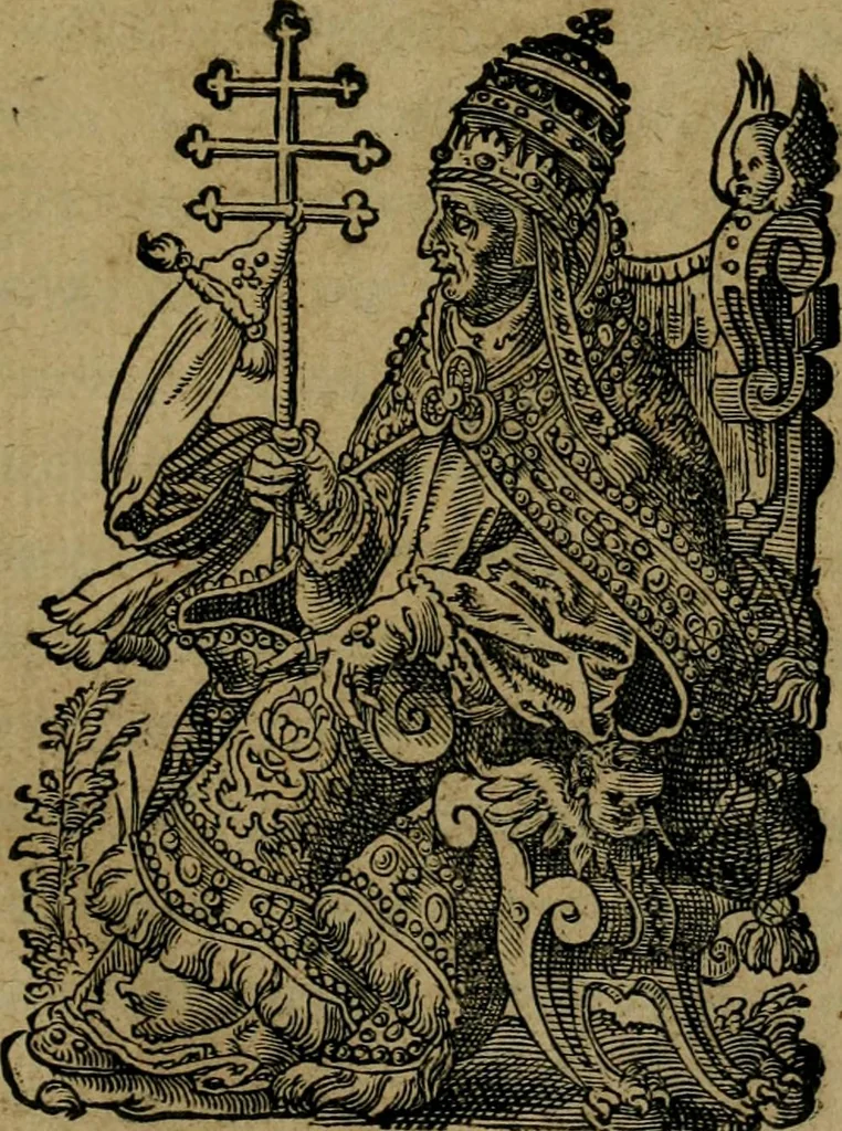 An illustration from Cleri totius Romanae ecclesiae subiecti, seu, Pontificiorvm ordinvm omnivm omnino vtrivsqve sexvs, habitvs, artificiosissimis figuris, quibus Francisci Modii singula octosticha adiecta sunt, nunc primùm à Ivdoco Ammanno expressi: neqve vnquam antehac similiter editi. Addito libello singvlari eivsdem Francisci Modij Brug. in quo cuiusque ordinis ecclesiastici origo, progressus & vestitus ratio breuiter ex variis historicis delineatur, 1585, leaf 6