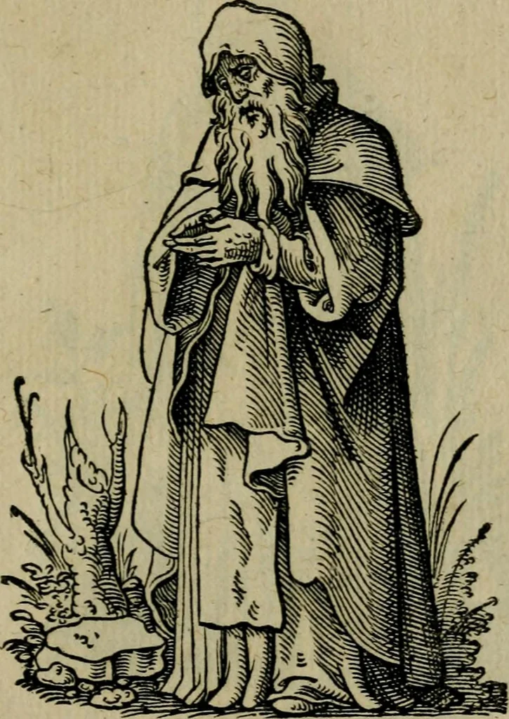 An illustration from Cleri totius Romanae ecclesiae subiecti, seu, Pontificiorvm ordinvm omnivm omnino vtrivsqve sexvs, habitvs, artificiosissimis figuris, quibus Francisci Modii singula octosticha adiecta sunt, nunc primùm à Ivdoco Ammanno expressi: neqve vnquam antehac similiter editi. Addito libello singvlari eivsdem Francisci Modij Brug. in quo cuiusque ordinis ecclesiastici origo, progressus & vestitus ratio breuiter ex variis historicis delineatur, 1585, leaf 60