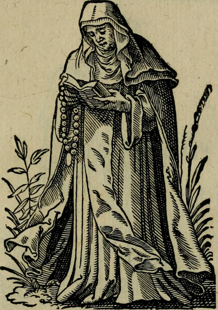 An illustration from Cleri totius Romanae ecclesiae subiecti, seu, Pontificiorvm ordinvm omnivm omnino vtrivsqve sexvs, habitvs, artificiosissimis figuris, quibus Francisci Modii singula octosticha adiecta sunt, nunc primùm à Ivdoco Ammanno expressi: neqve vnquam antehac similiter editi. Addito libello singvlari eivsdem Francisci Modij Brug. in quo cuiusque ordinis ecclesiastici origo, progressus & vestitus ratio breuiter ex variis historicis delineatur, 1585, leaf 62