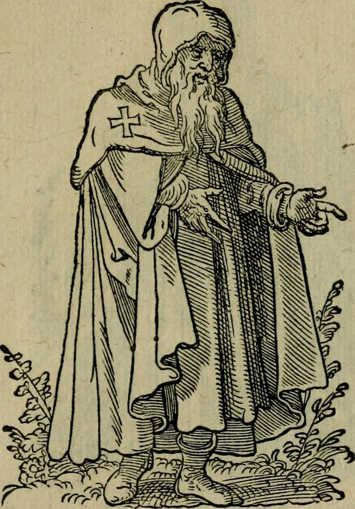 An illustration from Cleri totius Romanae ecclesiae subiecti, seu, Pontificiorvm ordinvm omnivm omnino vtrivsqve sexvs, habitvs, artificiosissimis figuris, quibus Francisci Modii singula octosticha adiecta sunt, nunc primùm à Ivdoco Ammanno expressi: neqve vnquam antehac similiter editi. Addito libello singvlari eivsdem Francisci Modij Brug. in quo cuiusque ordinis ecclesiastici origo, progressus & vestitus ratio breuiter ex variis historicis delineatur, 1585, leaf 64