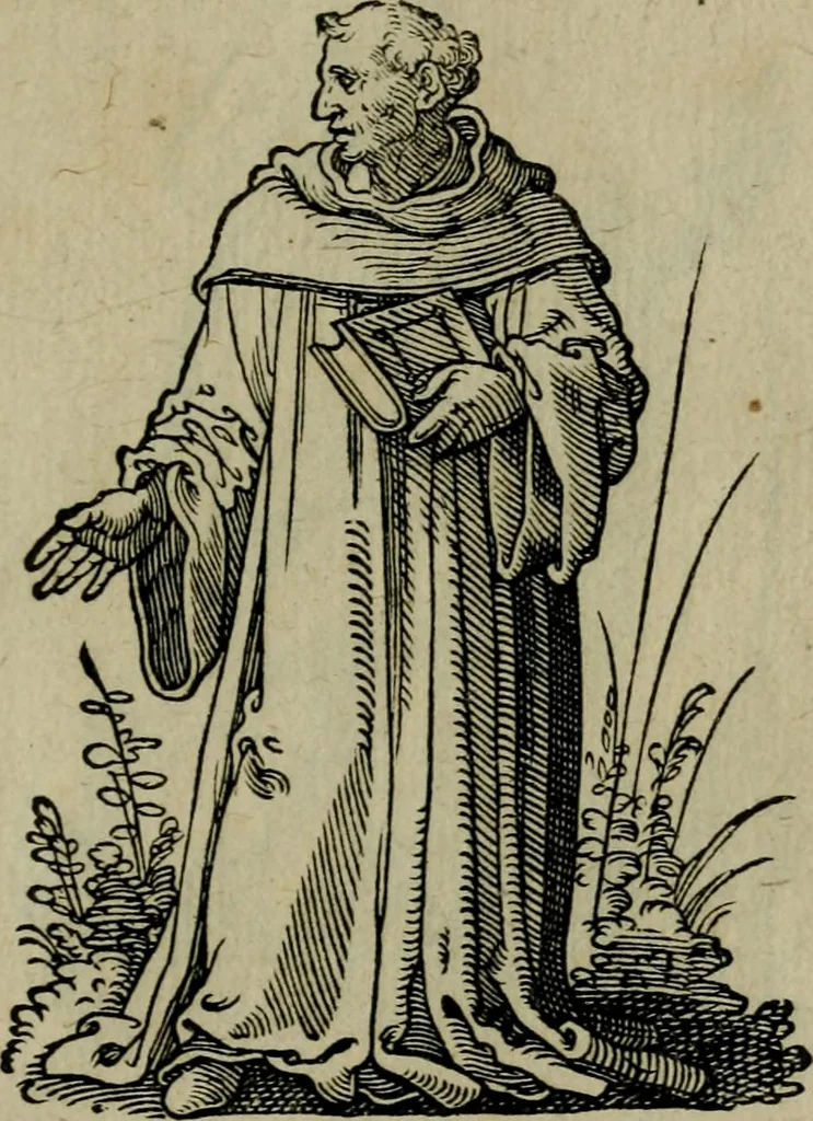 An illustration from Cleri totius Romanae ecclesiae subiecti, seu, Pontificiorvm ordinvm omnivm omnino vtrivsqve sexvs, habitvs, artificiosissimis figuris, quibus Francisci Modii singula octosticha adiecta sunt, nunc primùm à Ivdoco Ammanno expressi: neqve vnquam antehac similiter editi. Addito libello singvlari eivsdem Francisci Modij Brug. in quo cuiusque ordinis ecclesiastici origo, progressus & vestitus ratio breuiter ex variis historicis delineatur, 1585, leaf 68