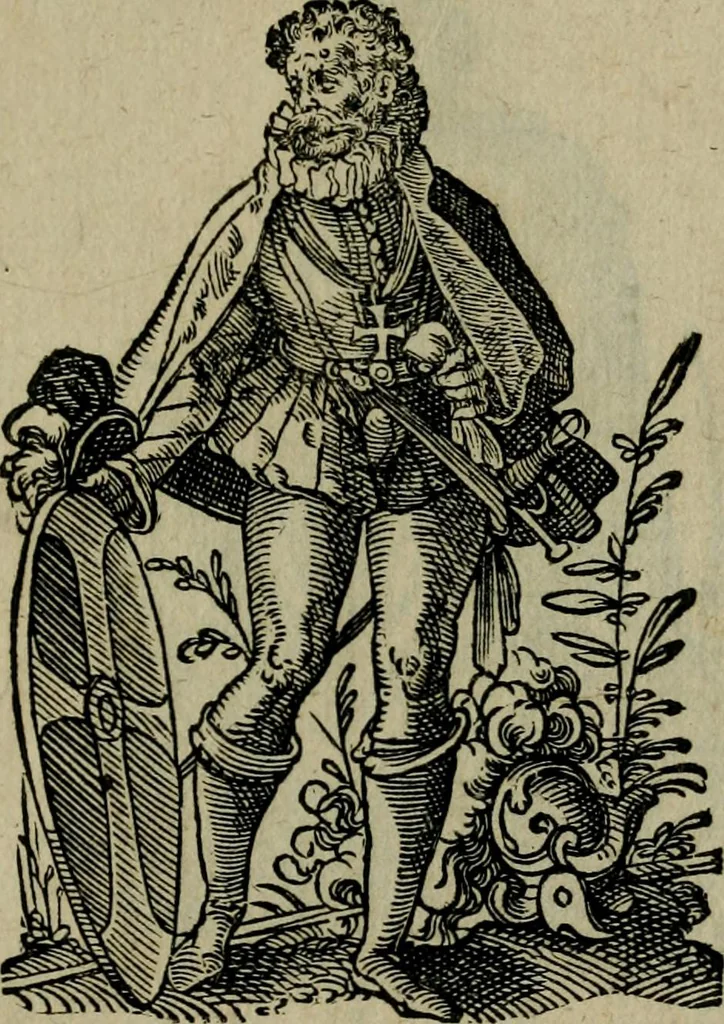 An illustration from Cleri totius Romanae ecclesiae subiecti, seu, Pontificiorvm ordinvm omnivm omnino vtrivsqve sexvs, habitvs, artificiosissimis figuris, quibus Francisci Modii singula octosticha adiecta sunt, nunc primùm à Ivdoco Ammanno expressi: neqve vnquam antehac similiter editi. Addito libello singvlari eivsdem Francisci Modij Brug. in quo cuiusque ordinis ecclesiastici origo, progressus & vestitus ratio breuiter ex variis historicis delineatur, 1585, leaf 72