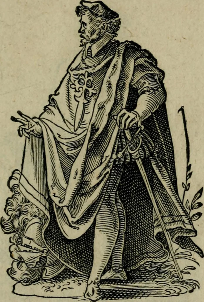 An illustration from Cleri totius Romanae ecclesiae subiecti, seu, Pontificiorvm ordinvm omnivm omnino vtrivsqve sexvs, habitvs, artificiosissimis figuris, quibus Francisci Modii singula octosticha adiecta sunt, nunc primùm à Ivdoco Ammanno expressi: neqve vnquam antehac similiter editi. Addito libello singvlari eivsdem Francisci Modij Brug. in quo cuiusque ordinis ecclesiastici origo, progressus & vestitus ratio breuiter ex variis historicis delineatur, 1585, leaf 74