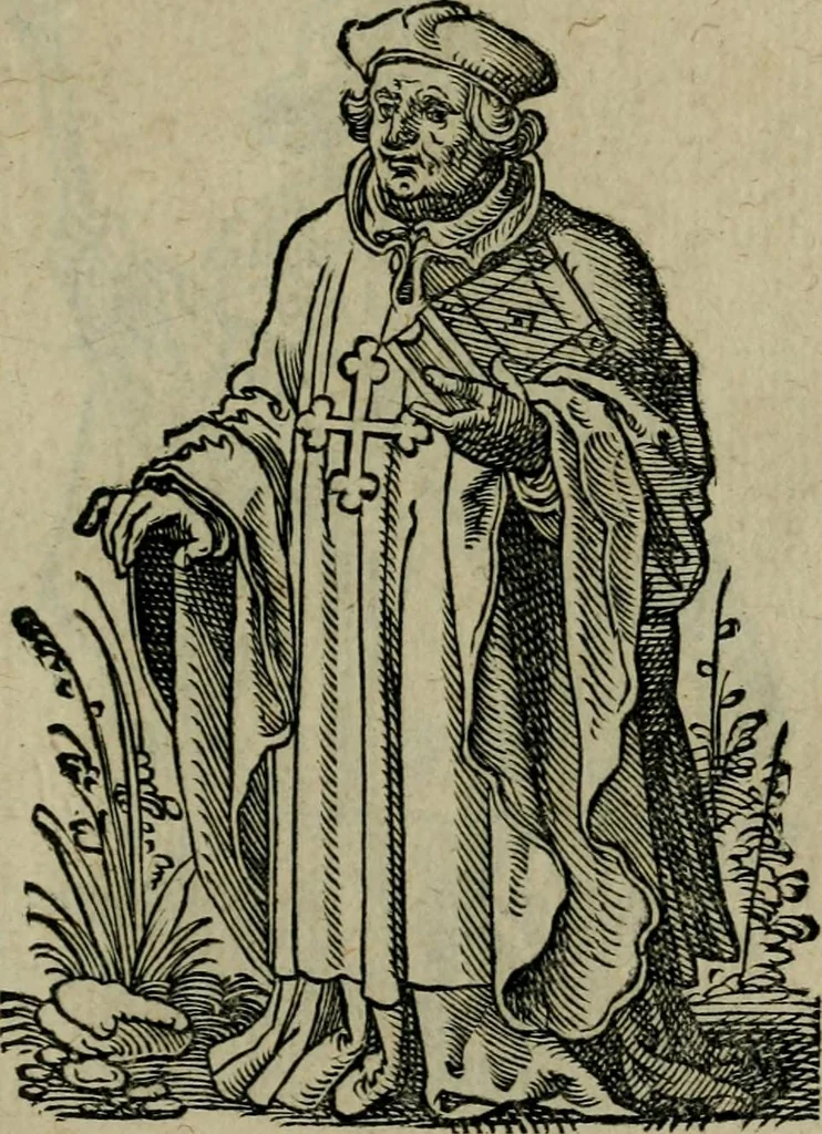 An illustration from Cleri totius Romanae ecclesiae subiecti, seu, Pontificiorvm ordinvm omnivm omnino vtrivsqve sexvs, habitvs, artificiosissimis figuris, quibus Francisci Modii singula octosticha adiecta sunt, nunc primùm à Ivdoco Ammanno expressi: neqve vnquam antehac similiter editi. Addito libello singvlari eivsdem Francisci Modij Brug. in quo cuiusque ordinis ecclesiastici origo, progressus & vestitus ratio breuiter ex variis historicis delineatur, 1585, leaf 76