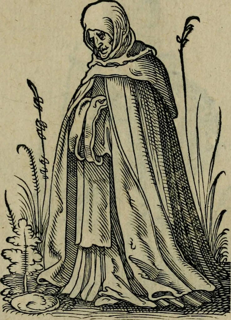 An illustration from Cleri totius Romanae ecclesiae subiecti, seu, Pontificiorvm ordinvm omnivm omnino vtrivsqve sexvs, habitvs, artificiosissimis figuris, quibus Francisci Modii singula octosticha adiecta sunt, nunc primùm à Ivdoco Ammanno expressi: neqve vnquam antehac similiter editi. Addito libello singvlari eivsdem Francisci Modij Brug. in quo cuiusque ordinis ecclesiastici origo, progressus & vestitus ratio breuiter ex variis historicis delineatur, 1585, leaf 80
