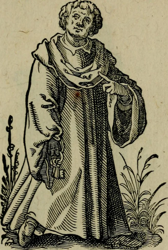 An illustration from Cleri totius Romanae ecclesiae subiecti, seu, Pontificiorvm ordinvm omnivm omnino vtrivsqve sexvs, habitvs, artificiosissimis figuris, quibus Francisci Modii singula octosticha adiecta sunt, nunc primùm à Ivdoco Ammanno expressi: neqve vnquam antehac similiter editi. Addito libello singvlari eivsdem Francisci Modij Brug. in quo cuiusque ordinis ecclesiastici origo, progressus & vestitus ratio breuiter ex variis historicis delineatur, 1585, leaf 82