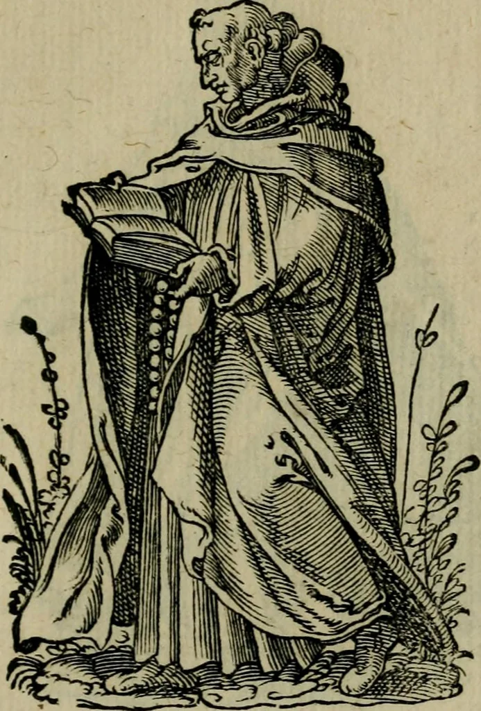An illustration from Cleri totius Romanae ecclesiae subiecti, seu, Pontificiorvm ordinvm omnivm omnino vtrivsqve sexvs, habitvs, artificiosissimis figuris, quibus Francisci Modii singula octosticha adiecta sunt, nunc primùm à Ivdoco Ammanno expressi: neqve vnquam antehac similiter editi. Addito libello singvlari eivsdem Francisci Modij Brug. in quo cuiusque ordinis ecclesiastici origo, progressus & vestitus ratio breuiter ex variis historicis delineatur, 1585, leaf 84