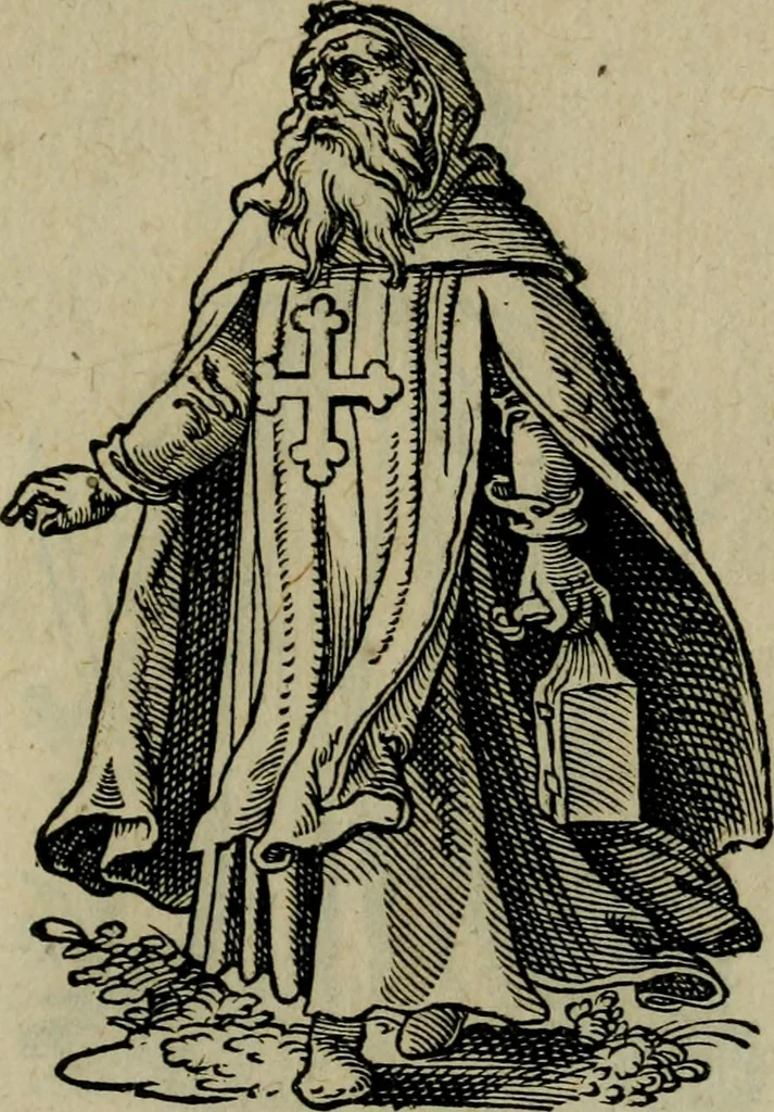An illustration from Cleri totius Romanae ecclesiae subiecti, seu, Pontificiorvm ordinvm omnivm omnino vtrivsqve sexvs, habitvs, artificiosissimis figuris, quibus Francisci Modii singula octosticha adiecta sunt, nunc primùm à Ivdoco Ammanno expressi: neqve vnquam antehac similiter editi. Addito libello singvlari eivsdem Francisci Modij Brug. in quo cuiusque ordinis ecclesiastici origo, progressus & vestitus ratio breuiter ex variis historicis delineatur, 1585, leaf 86