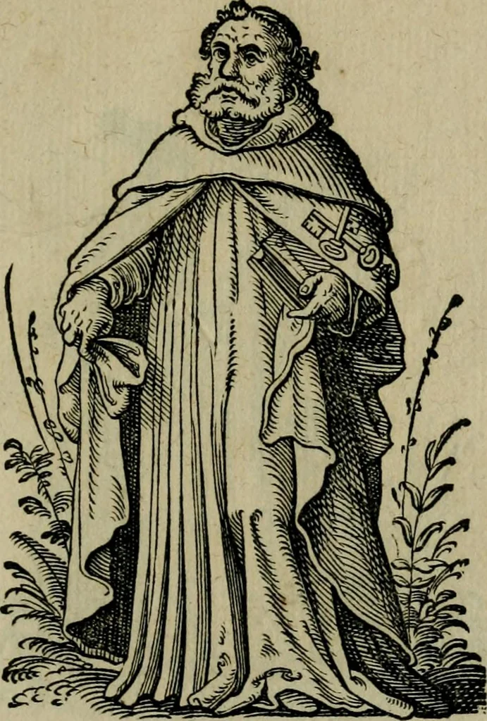 An illustration from Cleri totius Romanae ecclesiae subiecti, seu, Pontificiorvm ordinvm omnivm omnino vtrivsqve sexvs, habitvs, artificiosissimis figuris, quibus Francisci Modii singula octosticha adiecta sunt, nunc primùm à Ivdoco Ammanno expressi: neqve vnquam antehac similiter editi. Addito libello singvlari eivsdem Francisci Modij Brug. in quo cuiusque ordinis ecclesiastici origo, progressus & vestitus ratio breuiter ex variis historicis delineatur, 1585, leaf 88