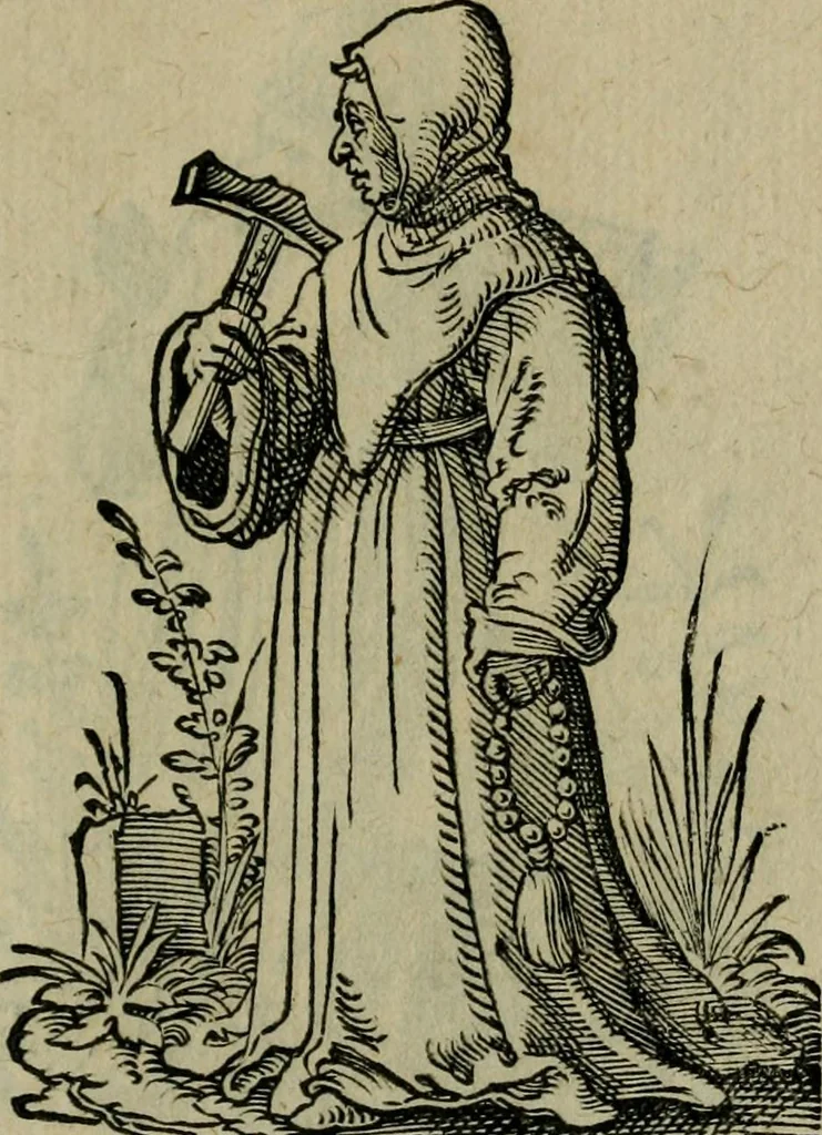 An illustration from Cleri totius Romanae ecclesiae subiecti, seu, Pontificiorvm ordinvm omnivm omnino vtrivsqve sexvs, habitvs, artificiosissimis figuris, quibus Francisci Modii singula octosticha adiecta sunt, nunc primùm à Ivdoco Ammanno expressi: neqve vnquam antehac similiter editi. Addito libello singvlari eivsdem Francisci Modij Brug. in quo cuiusque ordinis ecclesiastici origo, progressus & vestitus ratio breuiter ex variis historicis delineatur, 1585, leaf 90