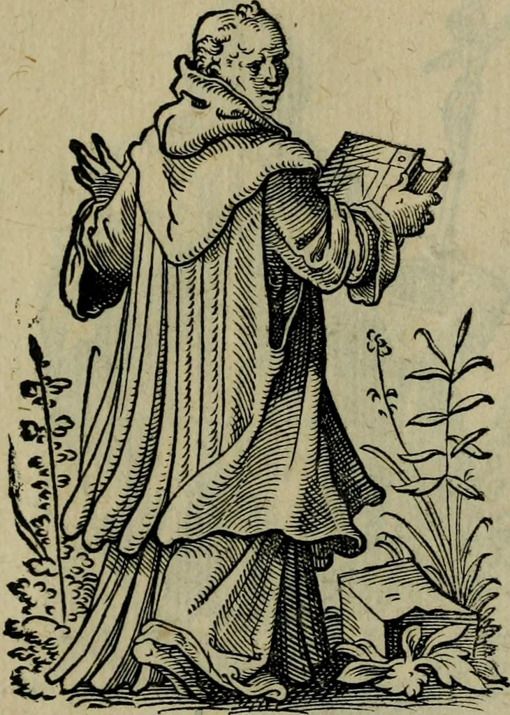 An illustration from Cleri totius Romanae ecclesiae subiecti, seu, Pontificiorvm ordinvm omnivm omnino vtrivsqve sexvs, habitvs, artificiosissimis figuris, quibus Francisci Modii singula octosticha adiecta sunt, nunc primùm à Ivdoco Ammanno expressi: neqve vnquam antehac similiter editi. Addito libello singvlari eivsdem Francisci Modij Brug. in quo cuiusque ordinis ecclesiastici origo, progressus & vestitus ratio breuiter ex variis historicis delineatur, 1585, leaf 92